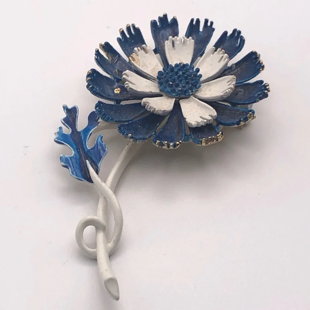 Vintage Blue & White Enamel Flower Brooch